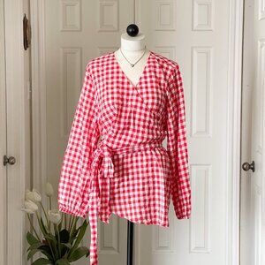 Lane Bryant Red & White Checkered Pattern Wrap Top with Front Tie